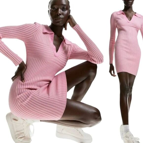 H&M Pink Rib-knit Dress with Collar Long Sleeves Size Medium - Picture 2 of 11